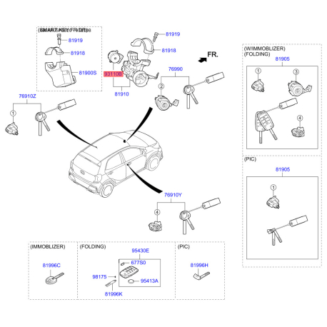 Замок запалювання контактна група 93110-1R000 Mobis - 931101R000 - схема з каталогу 93110B, KRUSPG620 931101R000