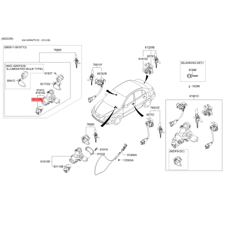 Замок зажигания контактная группа 93110-4D000 Mobis - 931104D000 - схема с каталога 93110B, KKMAPTC05 931104D000
