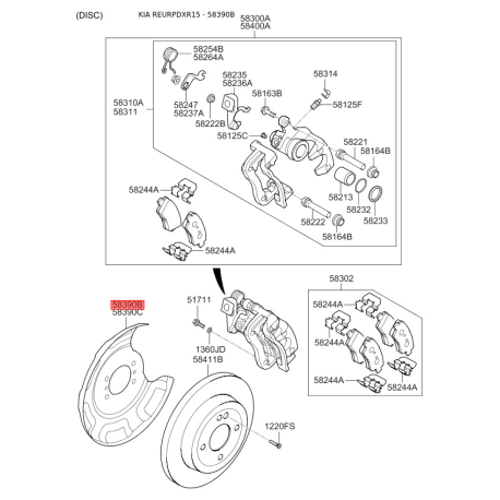 Защита (пыльник, щит) поворотного кулака левая 58390-1R000 Mobis - 583901R000 - схема с каталога 58390B, REURPDXR15 583901R000