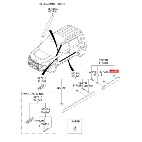 Пистон (клипса) бампера и обивки салона квадратная 87758-35010 Mobis - 8775835010 - схема с каталога 87751E, KKMAPAM12 8775835010