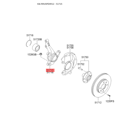 Поворотный кулак, подвеска колеса левый 51715-0U000 Mobis - 517150U000 - схема с каталога 51715, RRUSPDXR12 517150U000