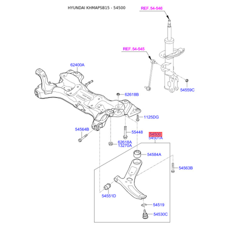 Важіль підвіски колеса лівий нижній 54500-1R000 Mobis - 545001R000 - схема з каталогу 54500, KHMAPSB15 545001R000