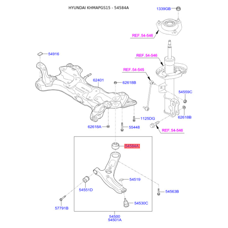 Сайлентблок рычага подвески нижний 54584-3X000 Mobis - 545843X000 - схема с каталога 54584A, KHMAPGS15 545843X000