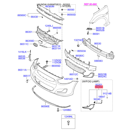 Фара противотуманная правая 92202-1R000 Mobis - 922021R000 - схема с каталога 92202, KHMAPSB15 922021R000