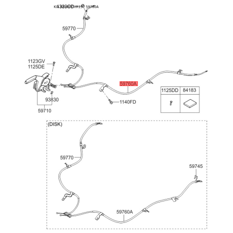 Трос стояночной тормозной системы левый 59760-1R300 Mobis - 597601R300 - схема с каталога 59760A, REURPDXR15 597601R300