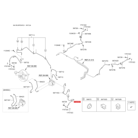 Шланг тормозной передний левый 58731-1R000 Mobis - 587311R000 - схема с каталога 58731A, REURPDXR15 587311R000