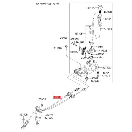 Зажим (защелка) кронштейна троса КПП 43794-1G100 Mobis - 437941G100 - схема с каталога 43794, KKMAPTC05 437941G100