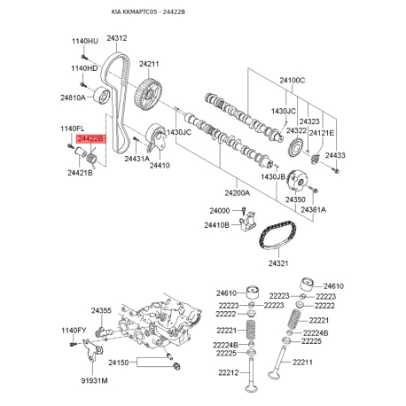 Пружина растяжения, натяжной ролик (зубчатый ремень) 24422-24000 Mobis - 2442224000 - схема с каталога 24422B, KKMAPTC05 2442224000