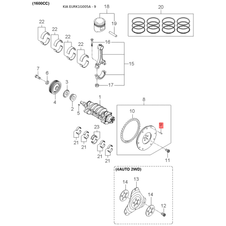 Прокладка клапанной крышки 22441-2A100 Mobis - 224412A100 - схема с каталога 9, EURK1G005A 224412A100