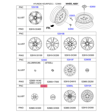 Облицовка, колеса 52960-3X300 Mobis - 529603X300 - схема с каталога 52960, KEURPSD11 529603X300