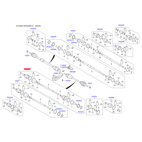 Привідний вал лівий 49500-3X100 Mobis - 495003X100 - схема з каталогу 49500L, KHMAPA515 495003X100