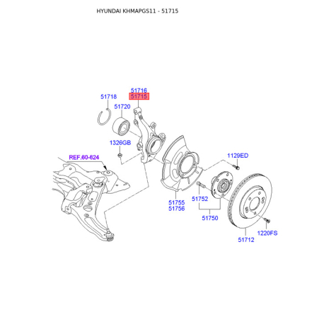 Поворотный кулак, подвеска колеса левый 51715-3X001 Mobis - 517153X001 - схема с каталога 51715, KHMAPGS11 517153X001