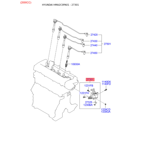 Катушка зажигания 27301-23510 Mobis - 2730123510 - схема с каталога 27301, HMA2C0PA01 2730123510