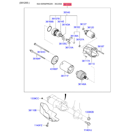 Стартер 36100-3e100 Mobis - 361003e100 - схема з каталогу 36100A, KKMAPMG09 361003e100