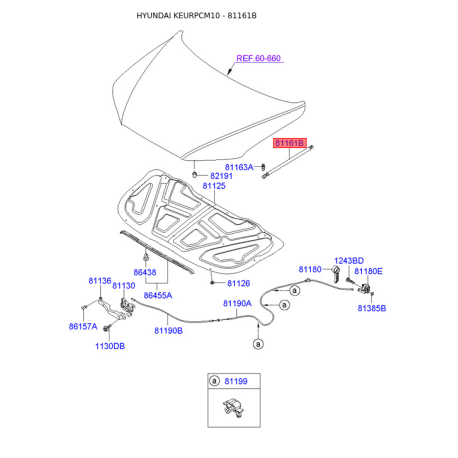 Газовая пружина, капот 81160-2B000 Mobis - 811602B000 - схема с каталога 81161B, KEURPCM10 811602B000