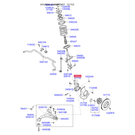 Поворотний кулак, підвіска колеса лівий 51715-2B050 Mobis - 517152B050 - схема з каталогу 51715, KHMAPEN07 517152B050