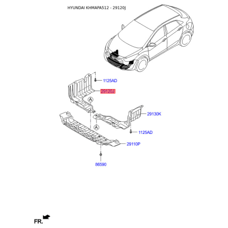 Защита двигателя / поддона двигателя правая 29120-3X000 Mobis - 291203X000 - схема с каталога 29120J, KHMAPA512 291203X000