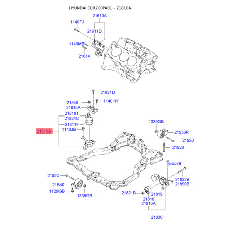 Подушка двигуна 21810-2C200 Mobis - 218102C200 - схема з каталогу 21810A, EUR2C0PA01 218102C200