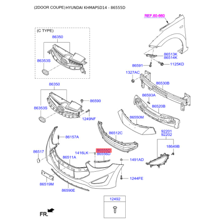 Кронштейн, буфер лівий 86553-3X000 Mobis - 865533X000 - схема з каталогу 86555D, KHMAPSD14 865533X000