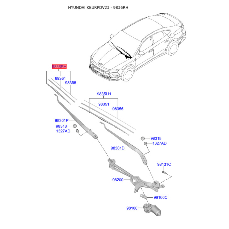 Щетка стеклоочистителя 98360-G2000 Mobis - 98360G2000 - схема с каталога 9836RH, KEURPDV23 98360G2000