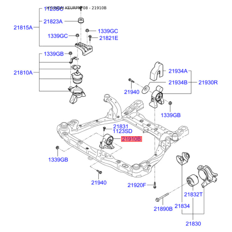 Подушка двигателя 21910-3K000 Mobis - 219103K000 - схема с каталога 21910B, KEURPNF08 219103K000
