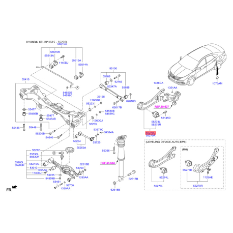Тяга задньої підвіски поздовжня ліва 55270-3S000 Mobis - 552703S000 - схема з каталогу 55270L, KEURPHG15 552703S000