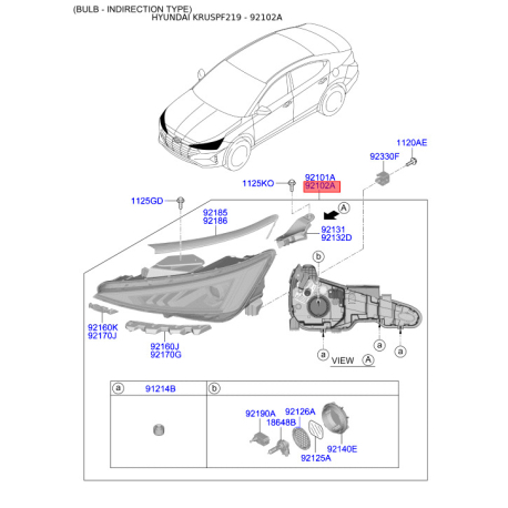 Фара основна права 92102-F2600 Mobis - 92102F2600 - схема з каталогу 92102A, KRUSPF219 92102F2600