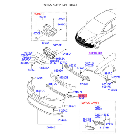 Заглушка бампера левая 86523-2H001 Mobis - 865232H001 - схема с каталога 86513, KEURPHD06 865232H001