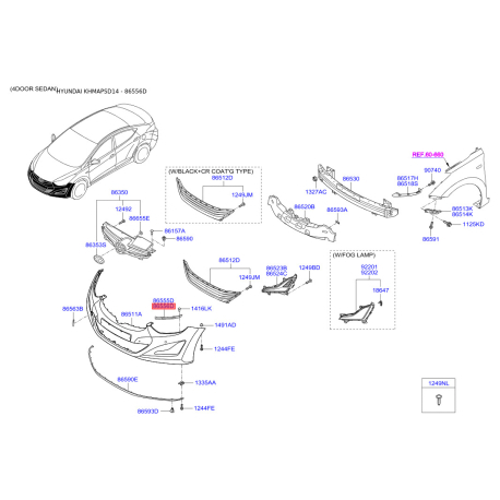 Кронштейн, буфер правий 86554-3X000 Mobis - 865543X000 - схема з каталогу 86556D, KHMAPSD14 865543X000