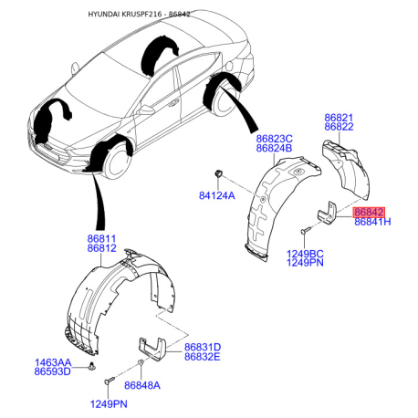 Брызговик задний правый 86842-F2000 Mobis - 86842F2000 - схема с каталога 86842, KRUSPF216 86842F2000