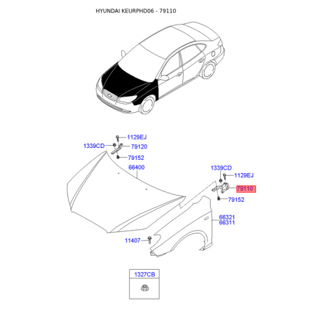 Петля капота левая 79110-2H000 Mobis - 791102H000 - схема с каталога 79110, KEURPHD06 791102H000