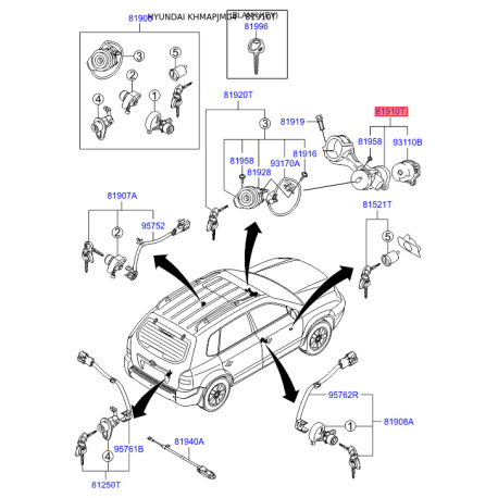 Замок зажигания контактная группа 81910-2EA00 Mobis - 819102EA00 - схема с каталога 81910T, KHMAPJM04 819102EA00