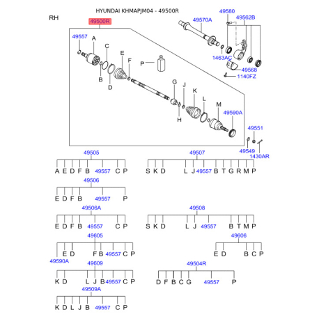 Шарнірний комплект приводного вала правий 49500-2E500 Mobis - 495002E500 - схема з каталогу 49500R, KHMAPJM04 495002E500