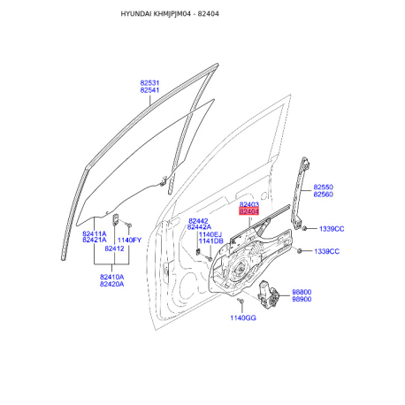 Підйомний пристрій для вікон правий 82406-2E000 Mobis - 824062E000 - схема з каталогу 82404, KHMJPJM04 824062E000
