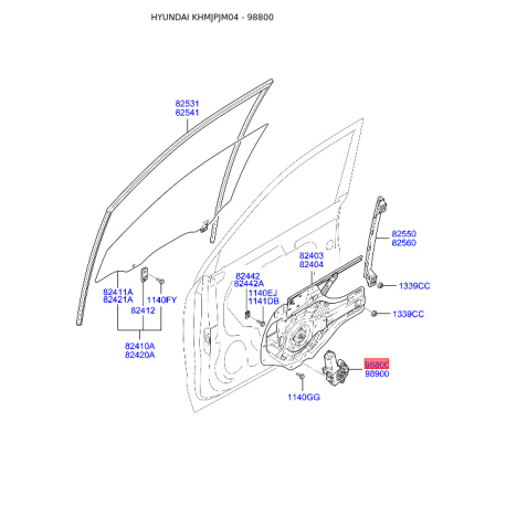 Електродвигун, склопідйомник лівий 82450-2E000 Mobis - 824502E000 - схема з каталогу 98800, KHMJPJM04 824502E000