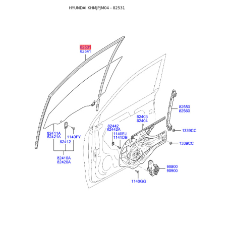 Ущільнювач (прокладка), бічне скло лівий 82530-2E000 Mobis - 825302E000 - схема з каталогу 82531, KHMJPJM04 825302E000