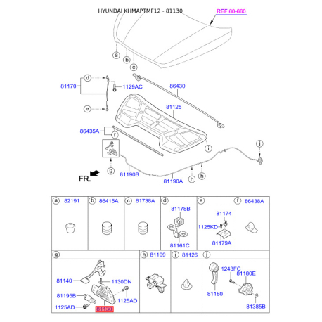 Замок капота 81130-2S000 Mobis - 811302S000 - схема с каталога 81130, KHMAPTMF12 811302S000