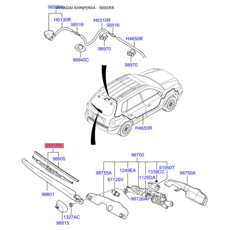 Щетка стеклоочистителя задняя 98820-2E000 Mobis - 988202E000 - схема с каталога 9885RR, KHMJPJM04 988202E000
