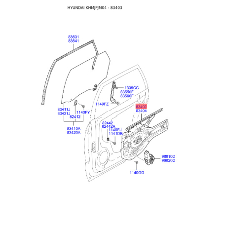 Підйомний пристрій для вікон лівий 83405-2E000 Mobis - 834052E000 - схема з каталогу 83403, KHMJPJM04 834052E000