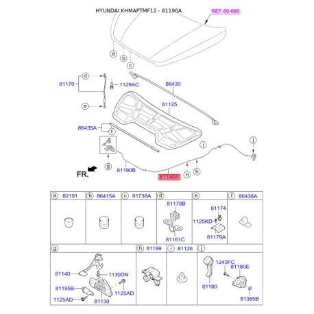Тросик замка капота 81190-2S000 Mobis - 811902S000 - схема с каталога 81190A, KHMAPTMF12 811902S000