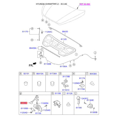 Замок капота 81140-2S000 Mobis - 811402S000 - схема с каталога 81140, KHMAPTMF12 811402S000
