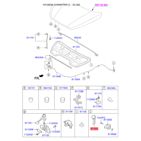 Ручка троса капота и ее крепление 81181-2B0009P Mobis - 811812B0009P - схема с каталога 81180, KHMAPTMF12 811812B0009P