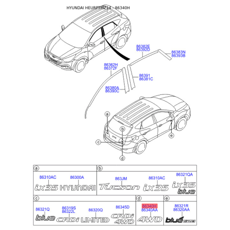 Эмблема задней и боковой двери, капота 86340-2S000 Mobis - 863402S000 - схема с каталога 86340H, HEURPTMZ14 863402S000