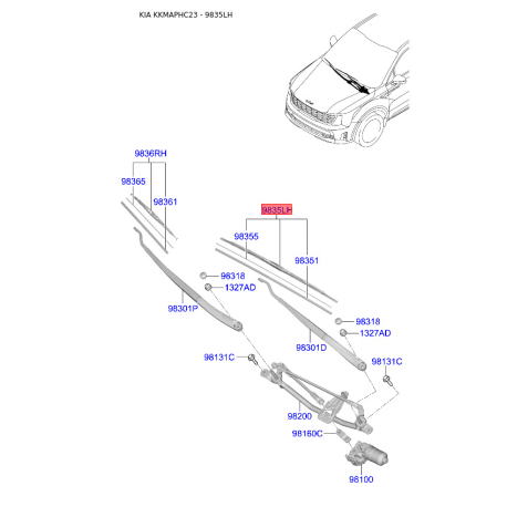 Щітка склоочисника 98350-2W000 Mobis - 983502W000 - схема з каталогу 9835LH, KKMAPHC23 983502W000