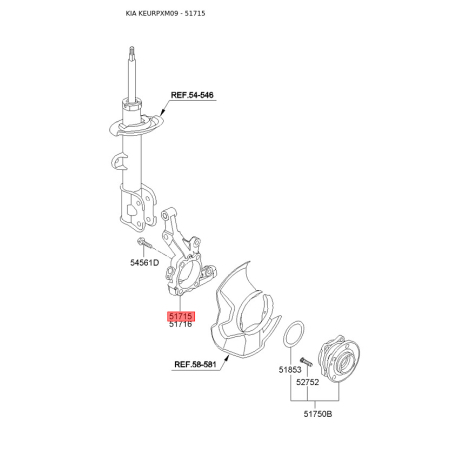 Поворотный кулак, подвеска колеса левый 51715-2P000 Mobis - 517152P000 - схема с каталога 51715, KEURPXM09 517152P000