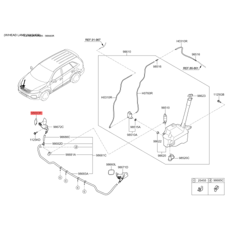 Распылитель воды для чистки, система очистки окон правый 98690-2P000 Mobis - 986902P000 - схема с каталога 98660R, KEURPXM09 986902P000