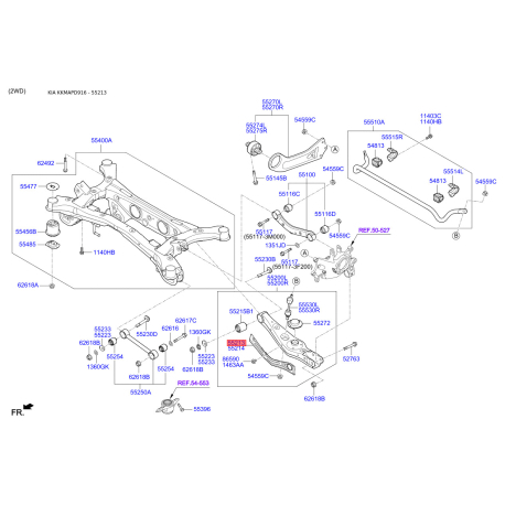 Накладка (захист) заднього нижнього лівого важеля ліва нижня 55217-D3000 Mobis - 55217D3000 - схема з каталогу 55213, KKMAPD916 55217D3000