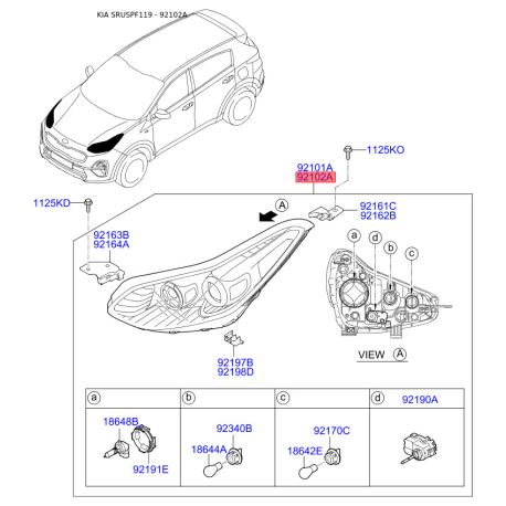 Фара основна права 92102-F1011 Mobis - 92102F1011 - схема з каталогу 92102A, SRUSPF119 92102F1011