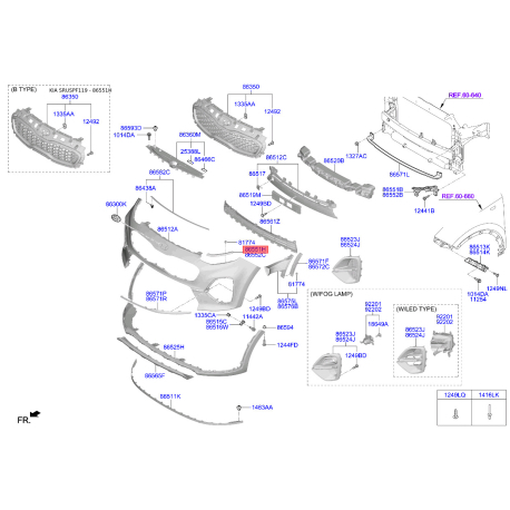 Кронштейн, буфер левый верхний 86533-F1500 Mobis - 86533F1500 - схема с каталога 86551H, SRUSPF119 86533F1500