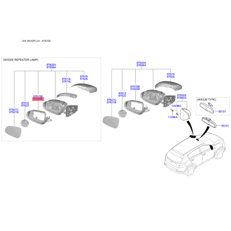 Накладка (крышка) наружного зеркала задняя правая 87625-F1010 Mobis - 87625F1010 - схема с каталога 87625B, SRUSPF119 87625F1010